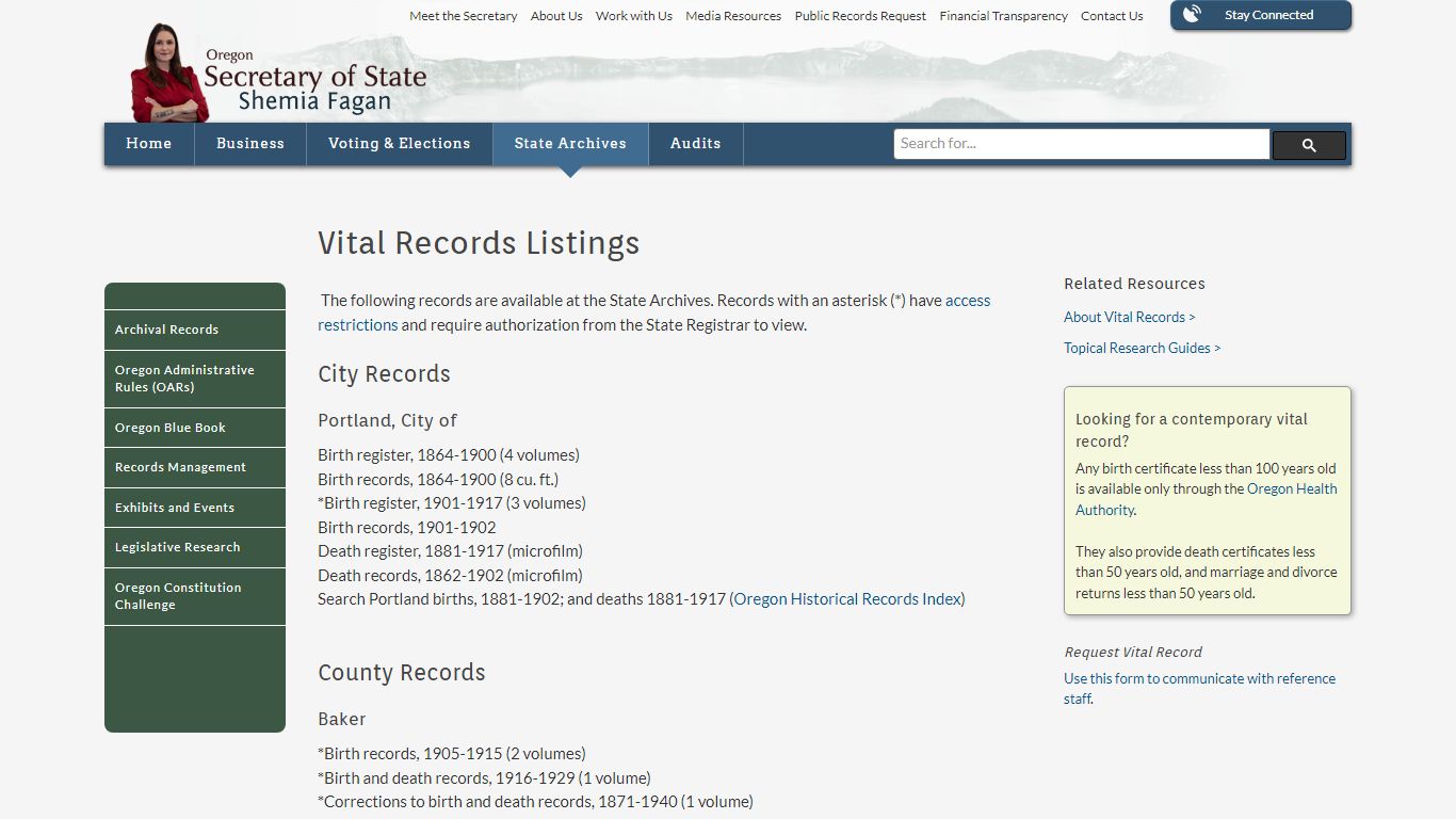 State of Oregon: State Archives - Vital Records Listings